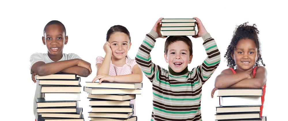 Four kids in a row leaning or holding books