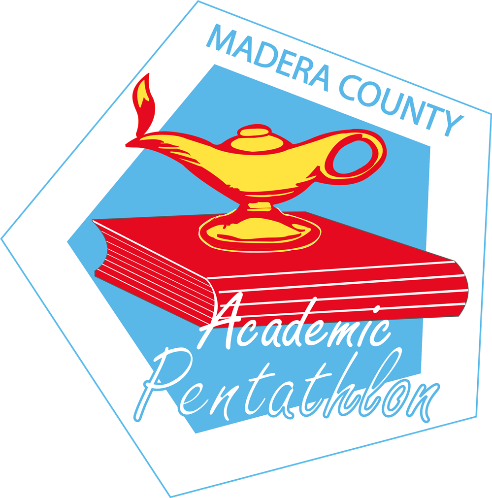 Academic Pentathlon logo.  A lamp of learning on stacked books in a pentagon.