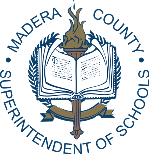 Logo for Madera County Superintendent of Schools featuring an open book in front of a torch