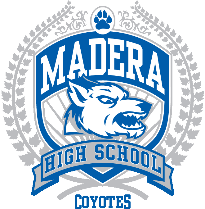 Madera High logo with a coyote head between the words Madera High School Coyotes