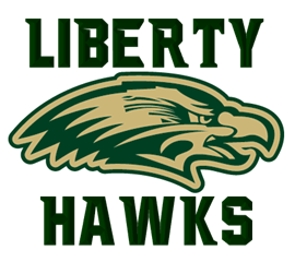 Liberty High Hawks logo with a hawk head in the middle of the words Liberty Hawks