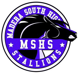 Madera South logo with a horse in the middle of a circle with the words Madera South High MSHS Stallions