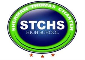 Logo with the words Sherman Thomas Charter STCHS High School in an oval shape