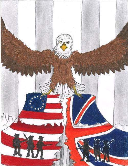 Art of a bald eagle ripping apart the American and British flag