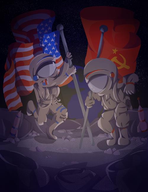 Digital artwork of two astronauts placing an American and a Russian flag on the moon