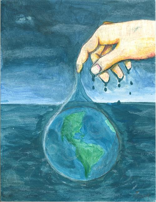 Painting of a hand pulling the world out of the ocean in a raindrop