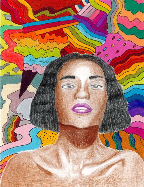 Drawing of a woman in front of a colorful background