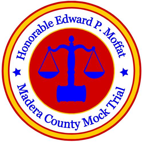 Mock Trial logo with the words Honorable Edward P. Moffat Madera County Mock Trial and a gavel with the scales of justice 